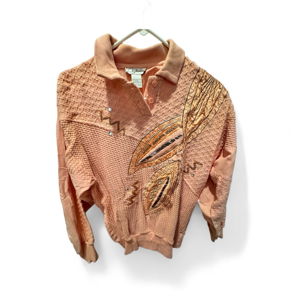 Peach Textured Long Sleeve Polo Sweater
